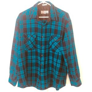 Vintage Flannel Black and Turquoise Plaid Button Down Shirt Men's XL Soft Bright